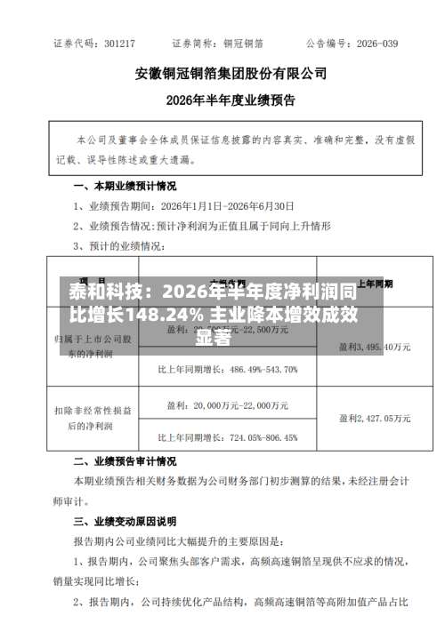 泰和科技：2026年半年度净利润同比增长148.24% 主业降本增效成效显著
